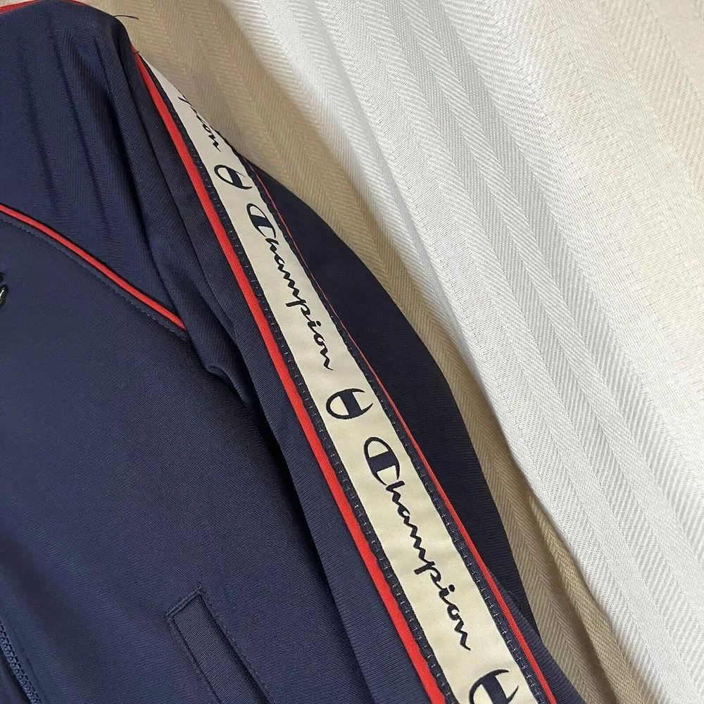 Women Jacket Track Champion‎ Med Blue Cropped Full Zip VTG Logo Casual Training